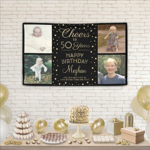 ANY Birthday Cheers Black Gold Confetti  Four Phot Banner