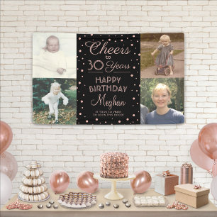 ANY Birthday Cheers Black & Pink Confetti 4 Photo Banner