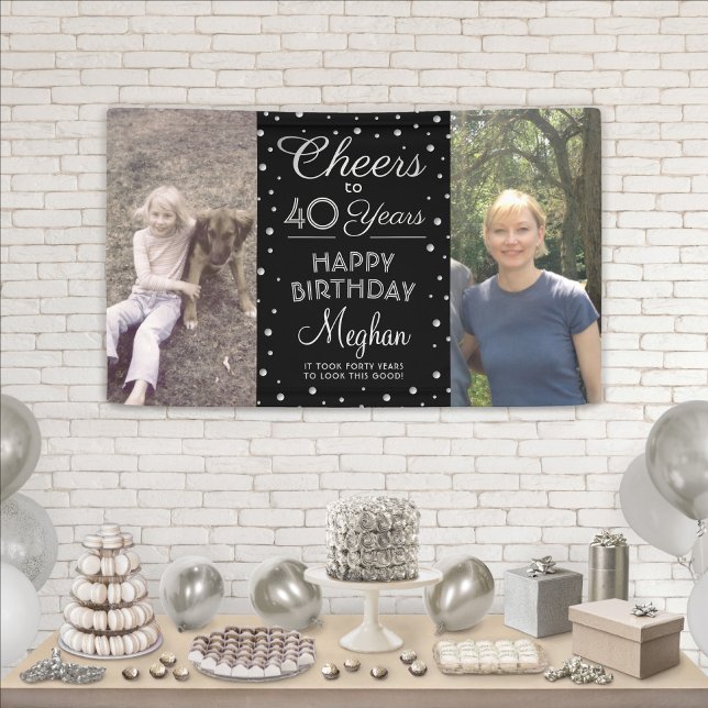 ANY Birthday Cheers Black Silver Confetti 2 Photo Banner (Creator Uploaded)
