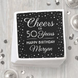 ANY Birthday Cheers Black, White & Silver Glitter Napkin<br><div class="desc">Add an elegant personalised touch to birthday party decorations with these custom black and white paper napkins. Design features modern script calligraphy customisable "Cheers to 50 Years" and silver faux glitter confetti dots on a black background. This template is set up for a 50th birthday celebration, but is simple to...</div>