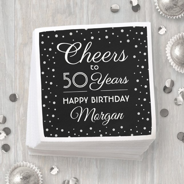 ANY Birthday Cheers Black, White & Silver Glitter Napkin (Creator Uploaded)