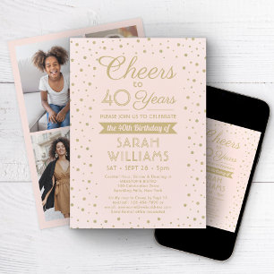 ANY Birthday Cheers Blush Pink and Gold 4 Photo Invitation