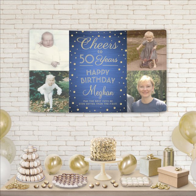 ANY Birthday Cheers Brushed Blue and Gold 4 Photo Banner (Creator Uploaded)