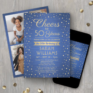 ANY Birthday Cheers Brushed Blue and Gold 4 Photo Invitation