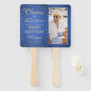 ANY Birthday Cheers Brushed Blue and Gold Confetti Hand Fan