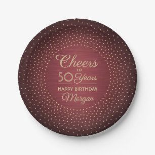 ANY Birthday Cheers Brushed Burgundy Gold Confetti Paper Plate