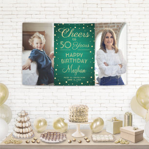 ANY Birthday Cheers Brushed Green and Gold 2 Photo Banner