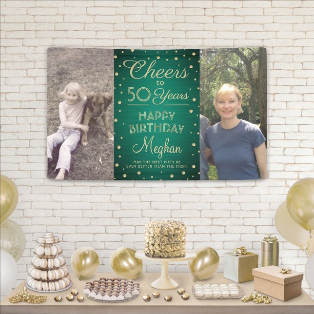 ANY Birthday Cheers Brushed Green and Gold 2 Photo Banner (Creator Uploaded)