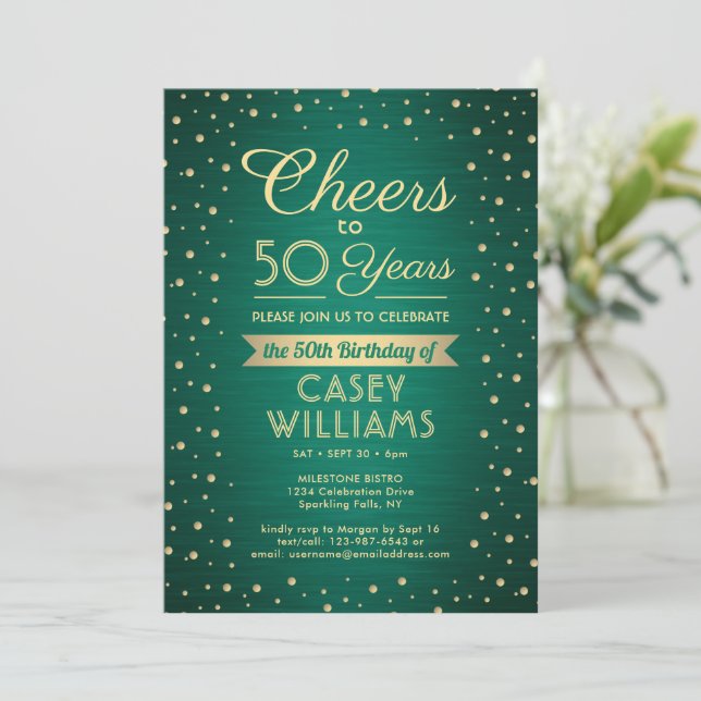 ANY Birthday Cheers Brushed Green & Gold Confetti Invitation (Standing Front)