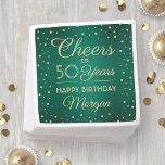 ANY Birthday Cheers Brushed Green & Gold Confetti Napkin<br><div class="desc">Add an elegant personalized touch to birthday party decorations with these custom green and gold paper napkins. This template is set up for a fiftieth birthday celebration, but is simple to customize to a different year. Design features modern script calligraphy editable "Cheers to 50 Years" and glittery foil look confetti...</div>