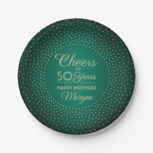 ANY Birthday Cheers Brushed Green & Gold Confetti Paper Plate