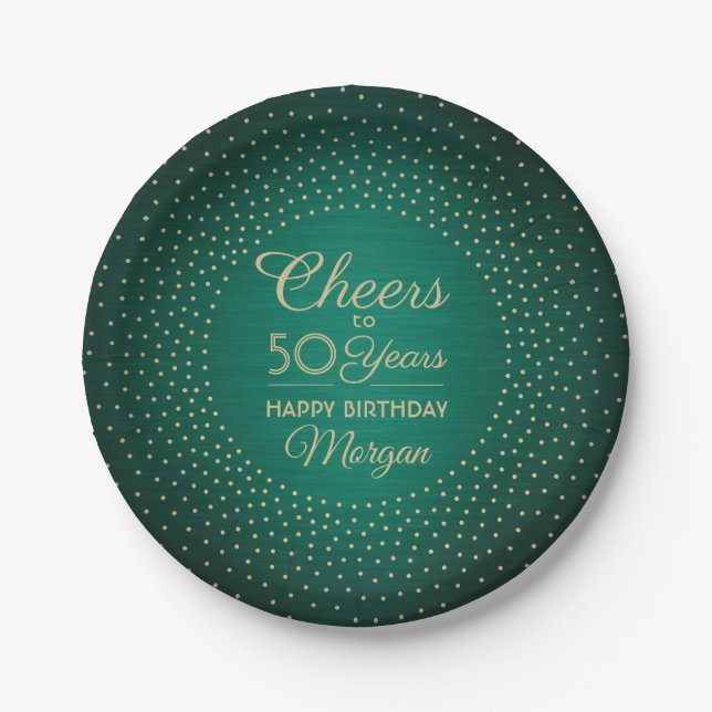 ANY Birthday Cheers Brushed Green & Gold Confetti Paper Plate (Front)