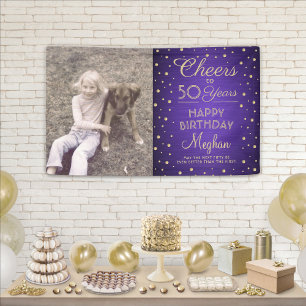 ANY Birthday Cheers Brushed Purple & Gold 1 Photo Banner