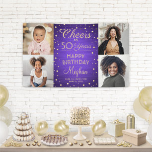 ANY Birthday Cheers Brushed Purple & Gold 4 Photo Banner