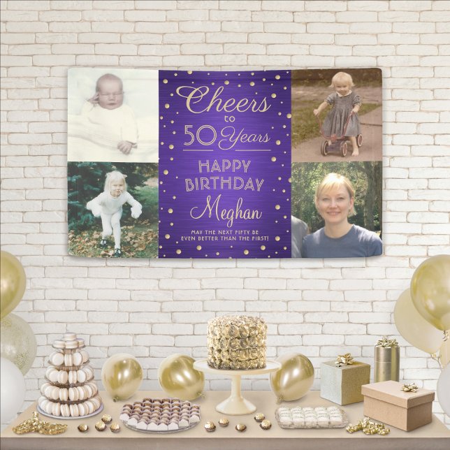 ANY Birthday Cheers Brushed Purple & Gold 4 Photo Banner (Creator Uploaded)