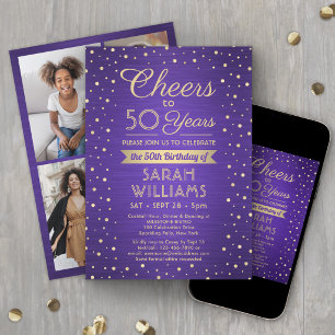 ANY Birthday Cheers Brushed Purple & Gold 4 Photo Invitation