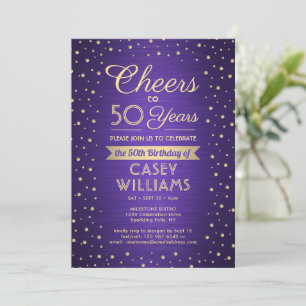 ANY Birthday Cheers Brushed Purple & Gold Confetti Invitation
