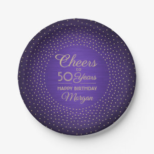 ANY Birthday Cheers Brushed Purple & Gold Confetti Paper Plate