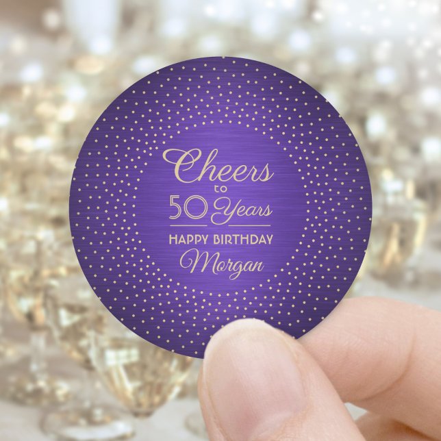 ANY Birthday Cheers Brushed Purple & Gold Glitter Classic Round Sticker (Creator Uploaded)