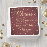 ANY Birthday Cheers Burgundy & Gold Glitter Party Napkin<br><div class="desc">Add an elegant personalized touch to birthday party decorations with these custom burgundy and gold paper napkins. Design features modern script calligraphy customizable "Cheers to 50 Years" and gold faux glitter confetti dots on a maroon red background. Please note that text is printed color, not metallic foil. This template is...</div>