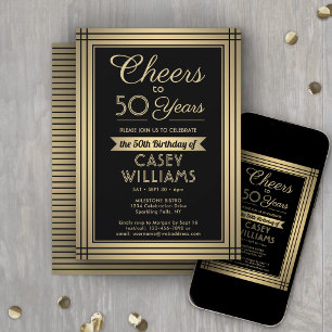 ANY Birthday Cheers Classic Border Black and Gold Invitation