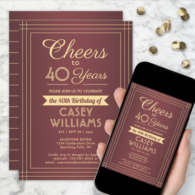 ANY Birthday Cheers Classic Border Burgundy & Gold Invitation (Creator Uploaded)