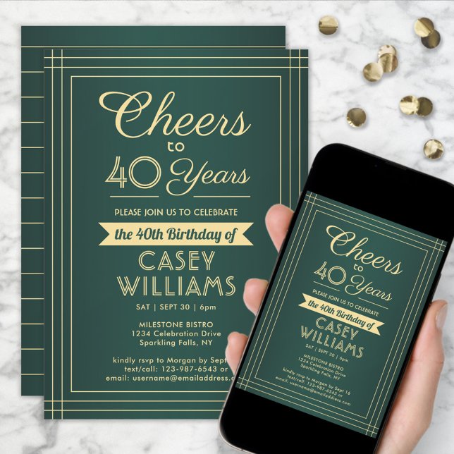ANY Birthday Cheers Classic Border Green and Gold Invitation (Creator Uploaded)