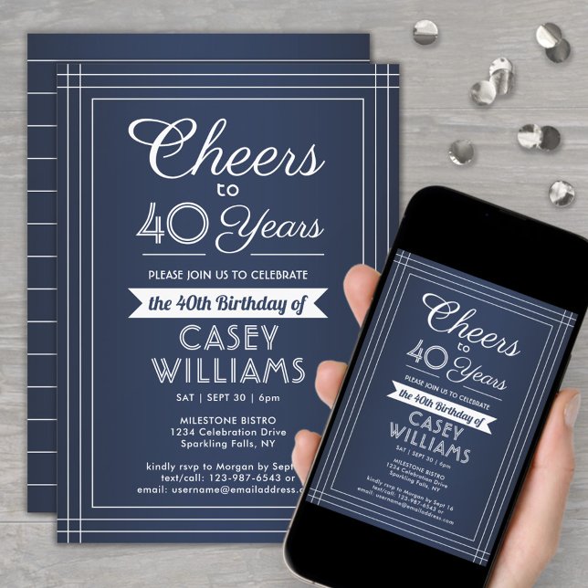 ANY Birthday Cheers Classic Border Navy Blue White Invitation (Creator Uploaded)