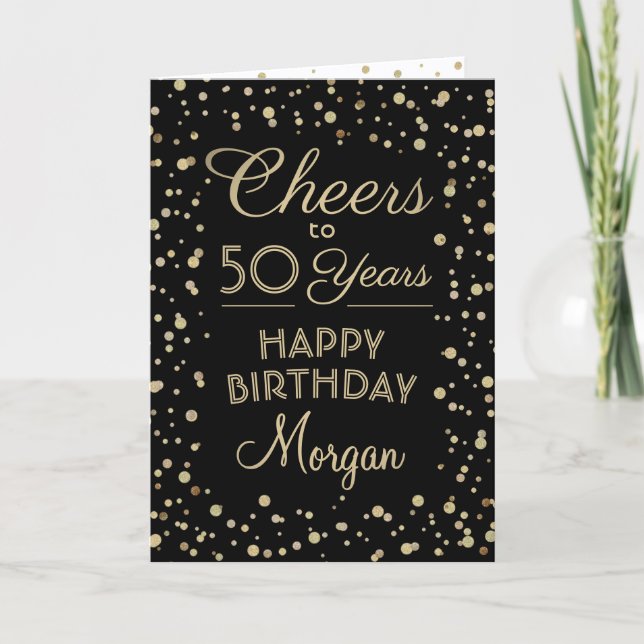 ANY Birthday Cheers Elegant Black and Gold Glitter Card (Front)