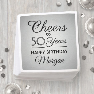 ANY Birthday Cheers Elegant Black & Faux Silver Napkin