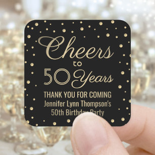 ANY Birthday Cheers Elegant Black & Gold Confetti Square Sticker