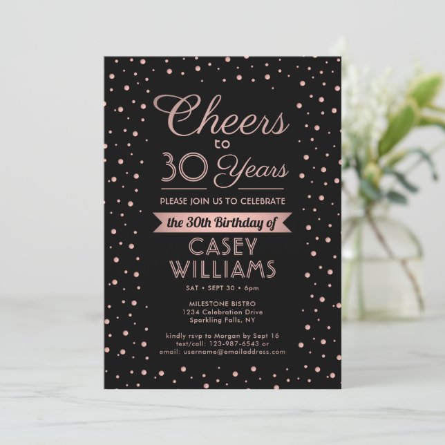 ANY Birthday Cheers Elegant Black & Pink Confetti Invitation (Standing Front)