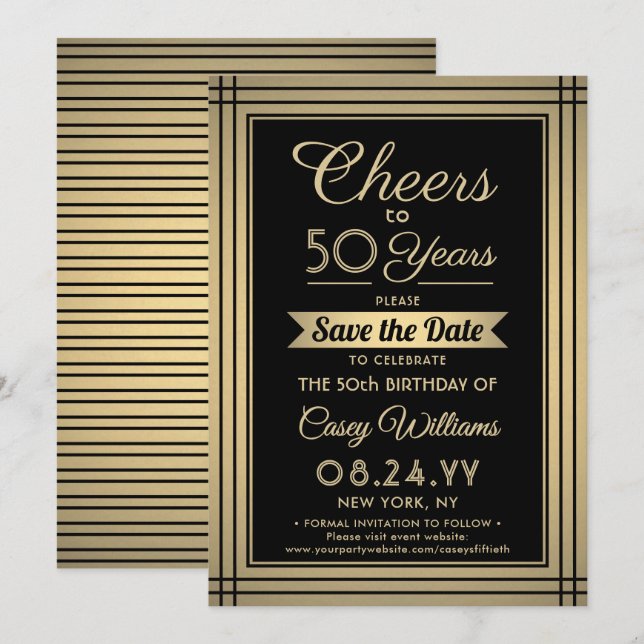 ANY Birthday Cheers Elegant Classic Black and Gold Save The Date (Front/Back)
