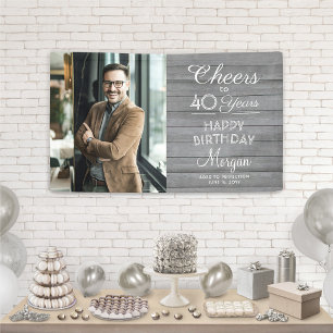 ANY Birthday Cheers Elegant Grey Wood One Photo Banner
