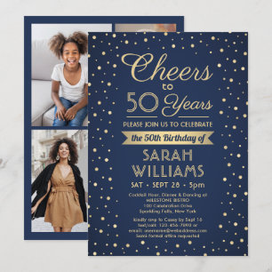 ANY Birthday Cheers Navy and Gold Confetti 4 Photo Invitation