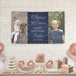 ANY Birthday Cheers Navy and Pink Confetti 2 Photo Banner
