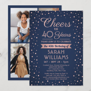 ANY Birthday Cheers Navy and Pink Confetti 4 Photo Invitation