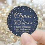 ANY Birthday Cheers Navy Blue and Gold Confetti Classic Round Sticker<br><div class="desc">Add a personalised finishing touch to birthday party thank you notes or favours with custom navy blue and gold faux foil round stickers / envelope seals. All text is simple to customise or delete. This template is set up for a 50th birthday, but can easily be changed to another year...</div>