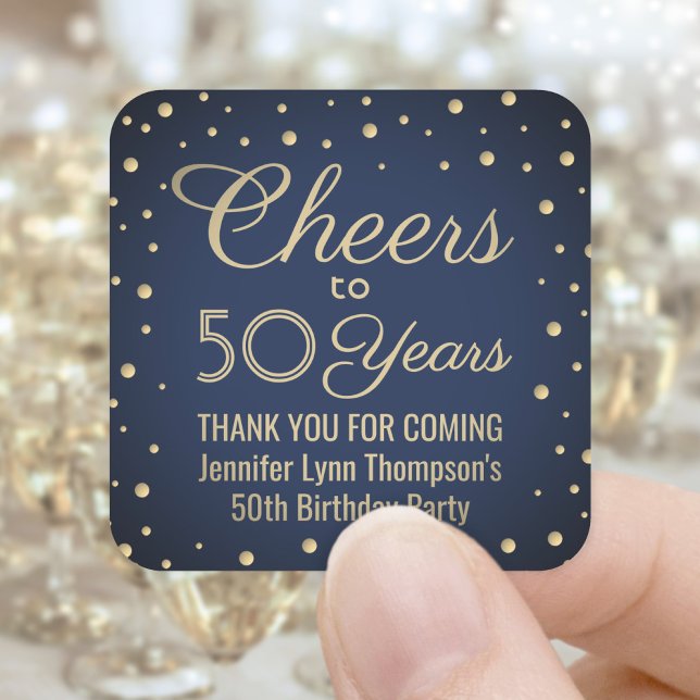 ANY Birthday Cheers Navy Blue and Gold Confetti Square Sticker (Creator Uploaded)