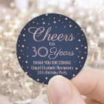 ANY Birthday Cheers Navy Blue and Pink Confetti Classic Round Sticker<br><div class="desc">Add a personalised finishing touch to birthday party thank you notes or favours with custom navy blue and pink round stickers / envelope seals. All text is simple to customise or delete. This template is set up for a 30th birthday for her, but can easily be changed to another year...</div>