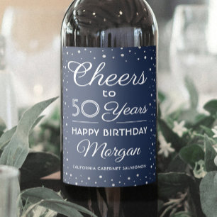 ANY Birthday Cheers Navy Blue and White Confetti Wine Label