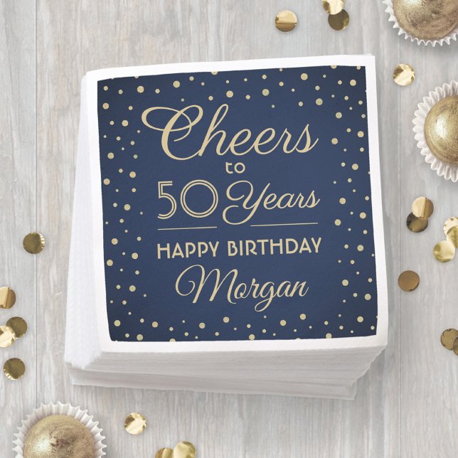 ANY Birthday Cheers Navy Blue & Gold Glitter Party Napkin (Creator Uploaded)