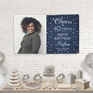 ANY Birthday Cheers Navy & Silver Confetti 1 Photo Banner