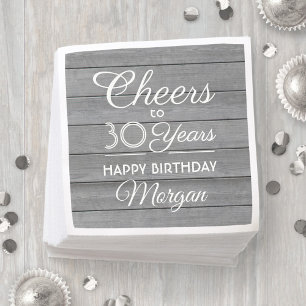 ANY Birthday Cheers Rustic Wood Elegant Gray White Napkin