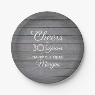 ANY Birthday Cheers Rustic Wood Elegant Gray White Paper Plate