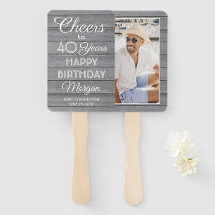 ANY Birthday Cheers Rustic Wood Elegant Grey White Hand Fan