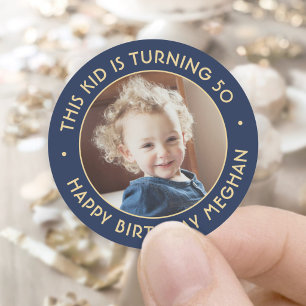 ANY Birthday Chic Simple Photo Navy Blue and Gold Classic Round Sticker
