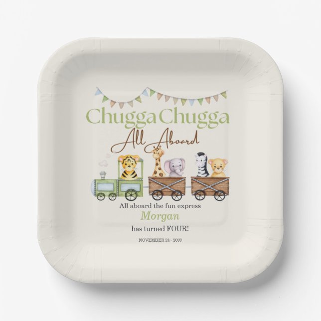 Any Birthday Cute Chugga Watercolor Animal Train   Paper Plate (Front)