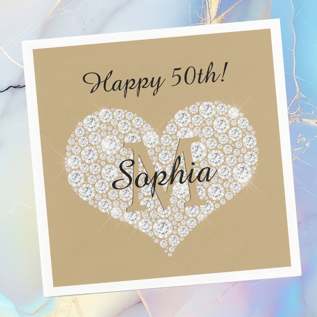 Any Birthday, Diamond Heart, Gold Monogram, Name Napkin (Creator Uploaded)