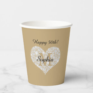 Any Birthday, Diamond Heart, Gold Monogram, Name Paper Cups